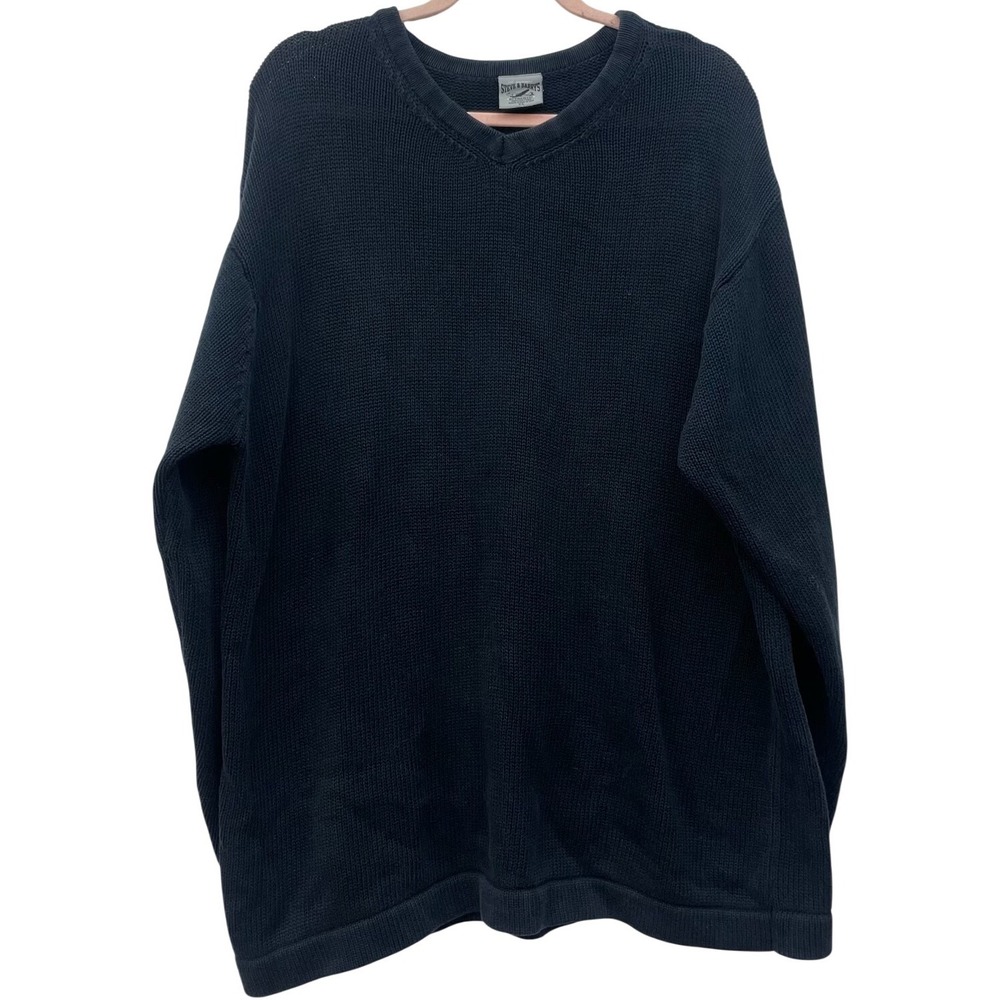 Waffle Knit Sweater Mens XL Black Oversized V Neck Cotton Grunge Basic